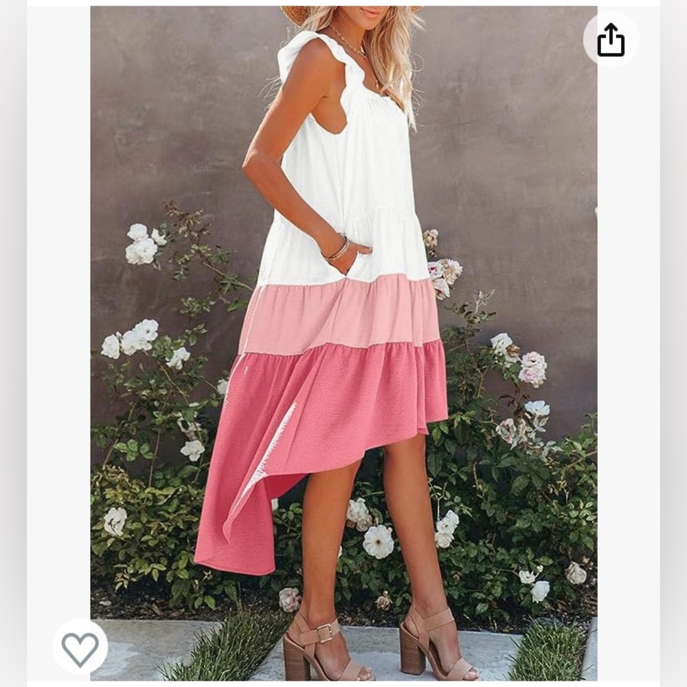 Tiered High-Low Ruffle Dress - White & Pink - Picture 5 of 11